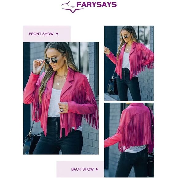 New Womens Cropped Fringe Faux Suede Leather Motorcycle Jackets, Hot Pink - Picture 5 of 6